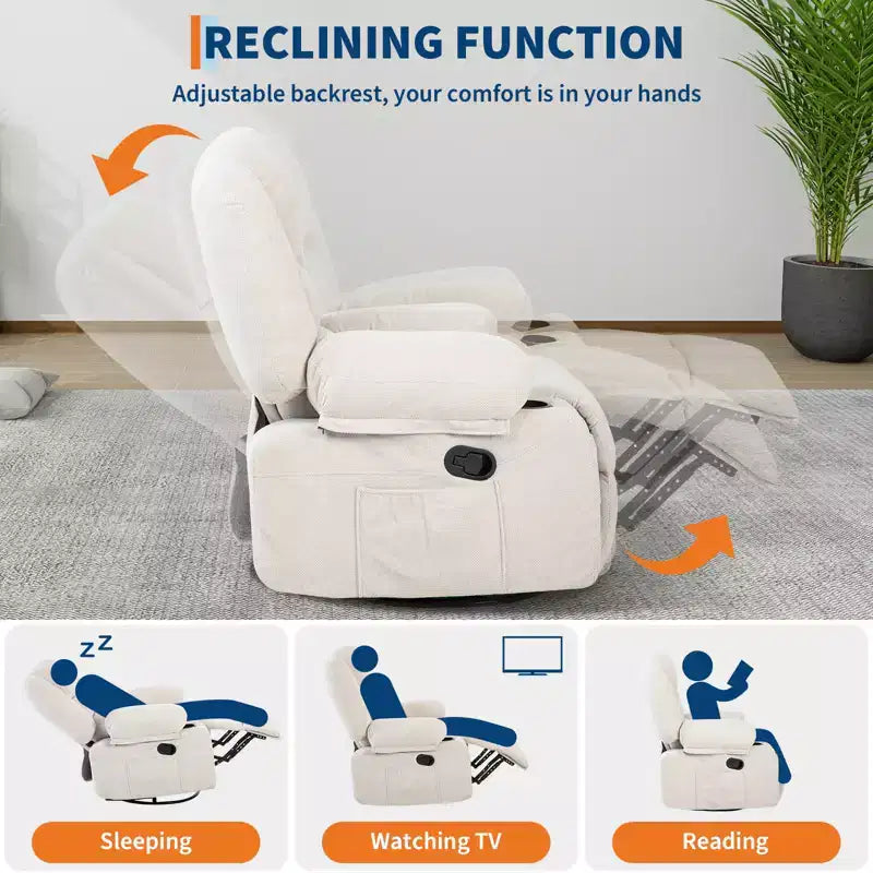 360 Swivel Recliner Chairs with Vibration Massage & Heating, Upholstered Reclining Chair with Storage Armrest