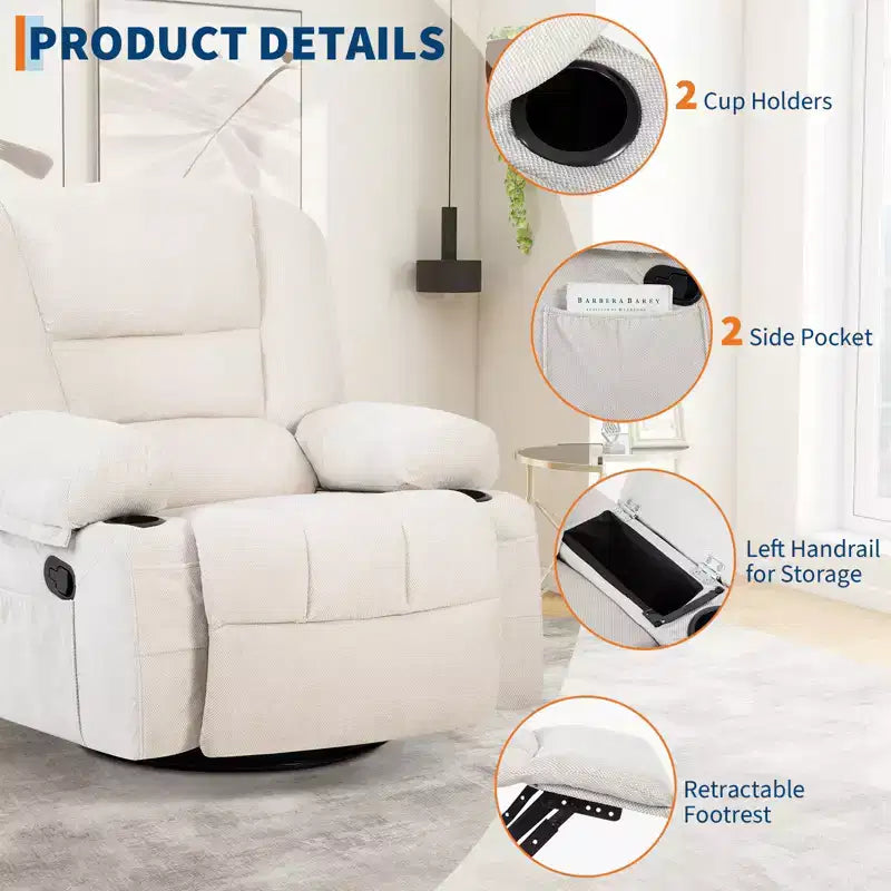 360 Swivel Recliner Chairs with Vibration Massage & Heating, Upholstered Reclining Chair with Storage Armrest