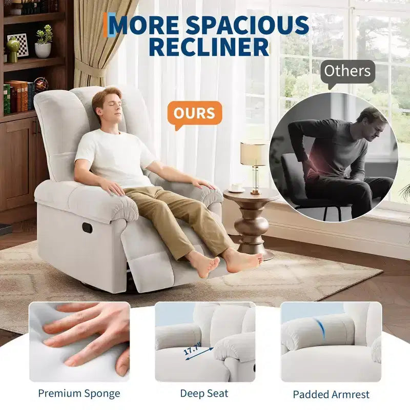 Coolmee Manual Recliner Sofa Chair, 360 Degree Swivel Rocker Glider Recliner with Padded Armrests, Upholstered Reclining Chair for Living Room