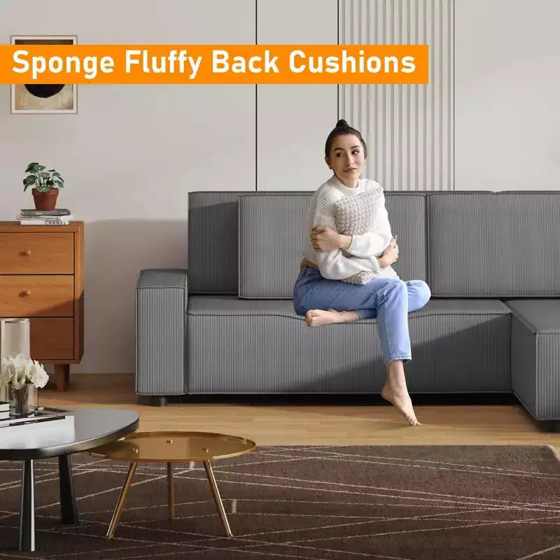 L Shaped 95 Modern Large Stripe Corduroy Sectional Sofa Couch with Side Chaise and Deep Chaise for Living Room, Apartment