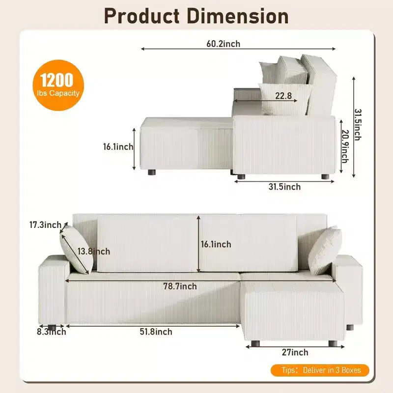 L Shaped 95 Modern Large Stripe Corduroy Sectional Sofa Couch with Side Chaise and Deep Chaise for Living Room, Apartment