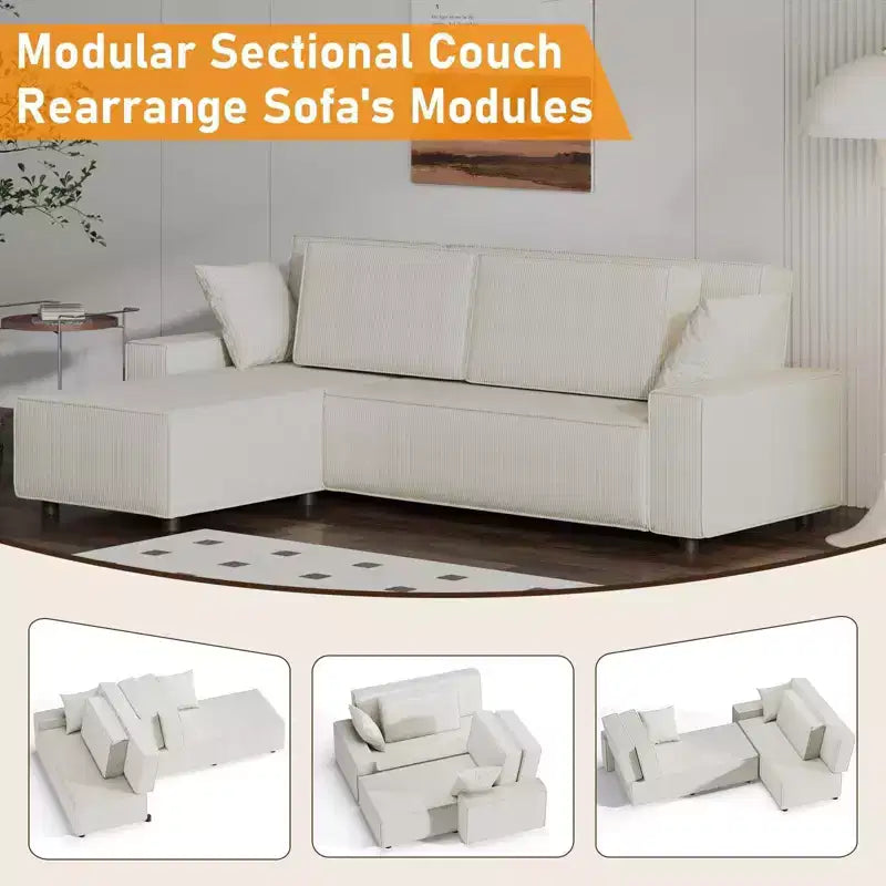 L Shaped 95 Modern Large Stripe Corduroy Sectional Sofa Couch with Side Chaise and Deep Chaise for Living Room, Apartment