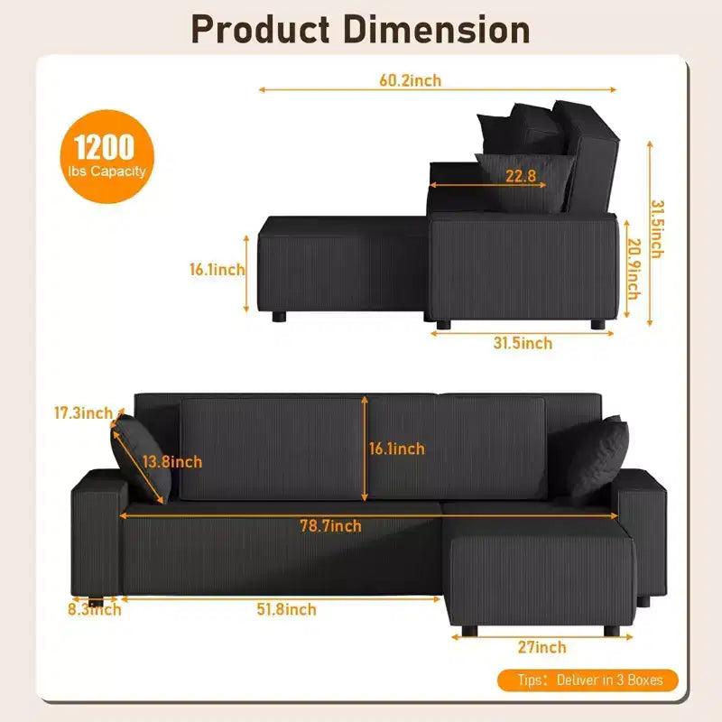 L Shaped 95 Modern Large Stripe Corduroy Sectional Sofa Couch with Side Chaise and Deep Chaise for Living Room, Apartment
