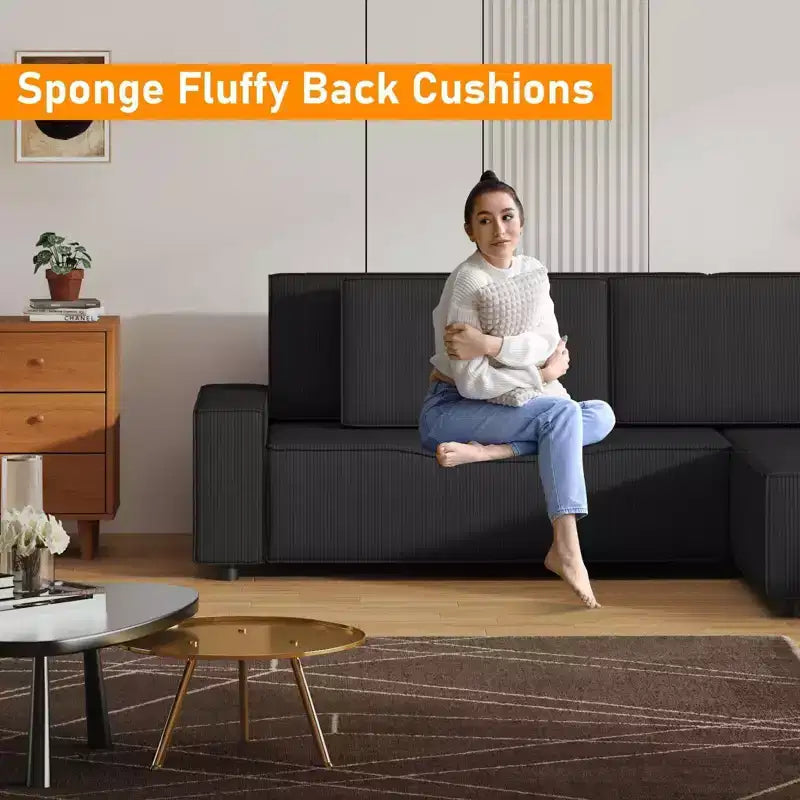 L Shaped 95 Modern Large Stripe Corduroy Sectional Sofa Couch with Side Chaise and Deep Chaise for Living Room, Apartment