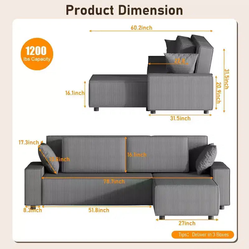 L Shaped 95 Modern Large Stripe Corduroy Sectional Sofa Couch with Side Chaise and Deep Chaise for Living Room, Apartment