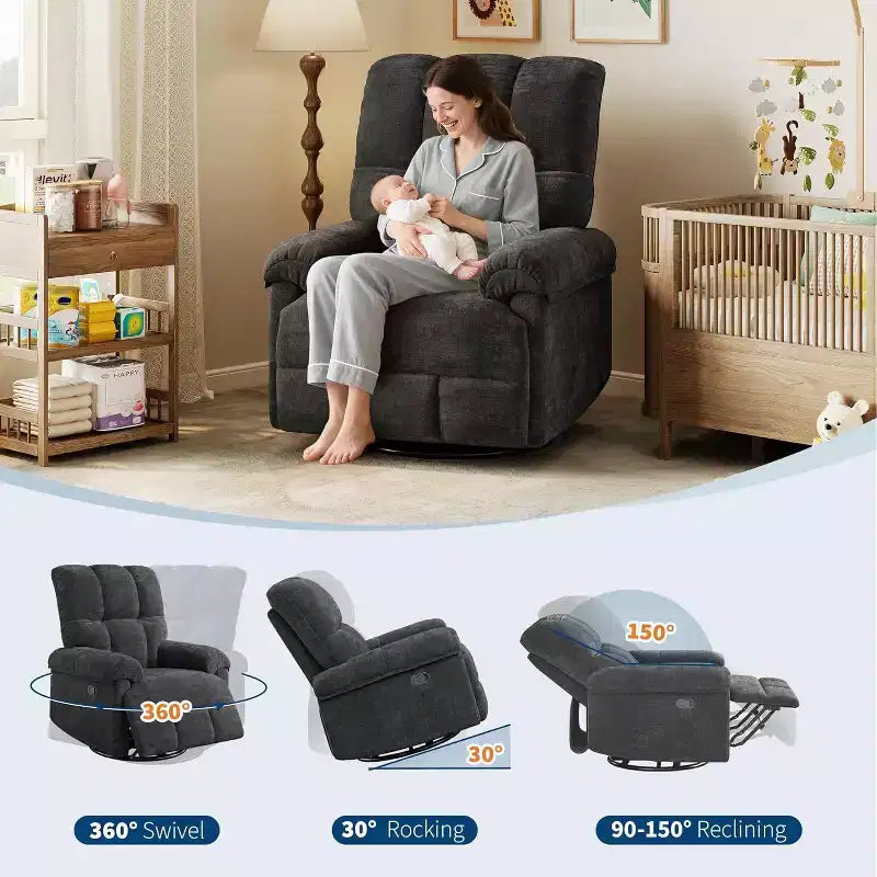 360 Swivel Chenille Recliner - Manual Glider Chair w/ Padded Armrests for Living Room & Nursery