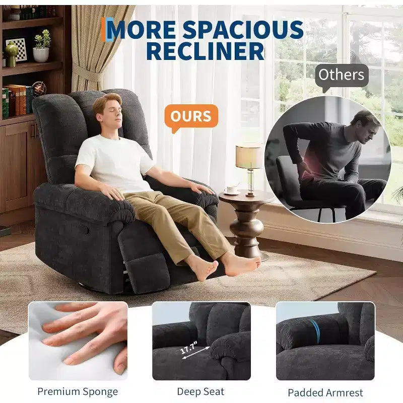 360 Swivel Chenille Recliner - Manual Glider Chair w/ Padded Armrests for Living Room & Nursery
