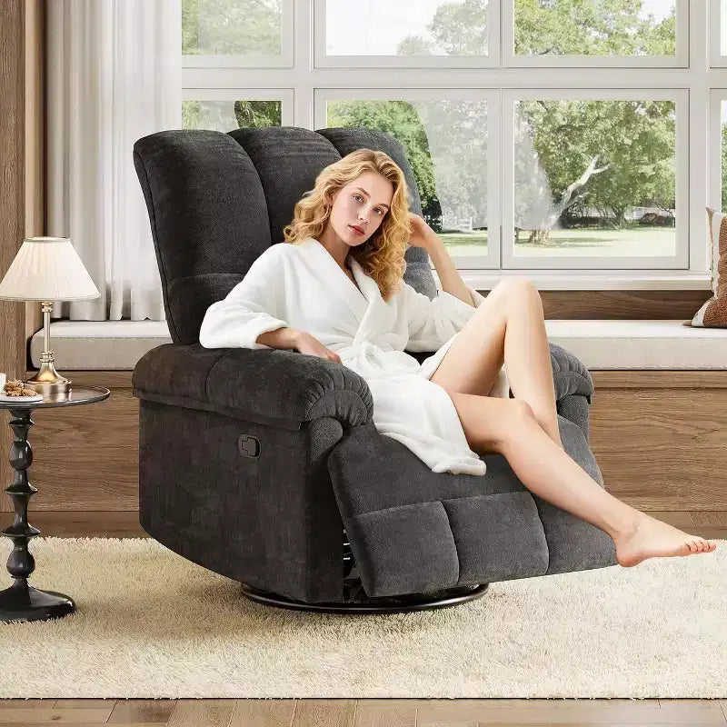 360 Swivel Chenille Recliner - Manual Glider Chair w/ Padded Armrests for Living Room & Nursery