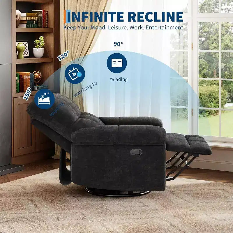 360 Swivel Chenille Recliner - Manual Glider Chair w/ Padded Armrests for Living Room & Nursery