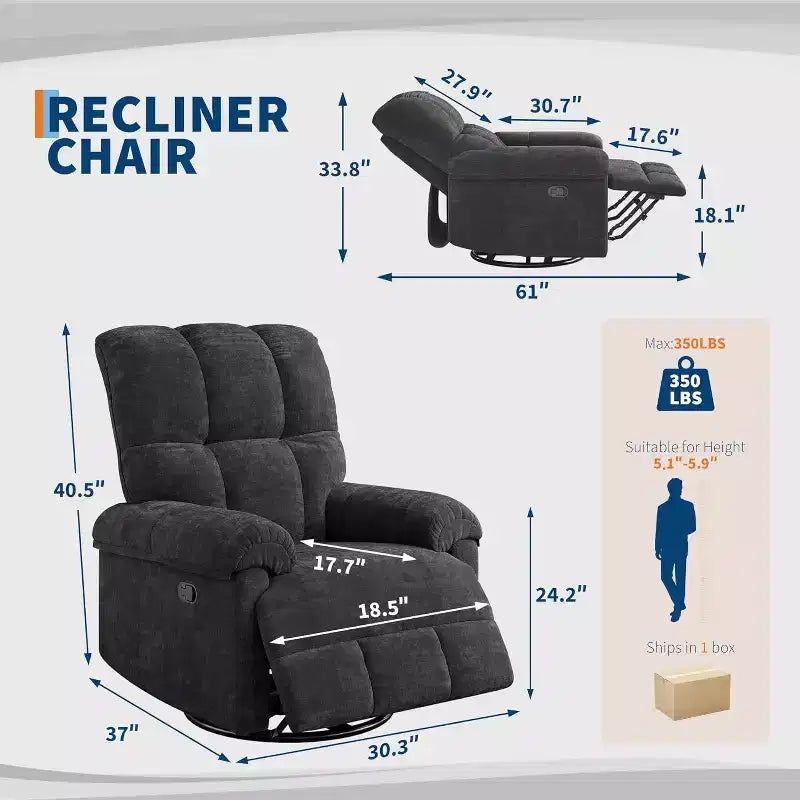 360 Swivel Chenille Recliner - Manual Glider Chair w/ Padded Armrests for Living Room & Nursery