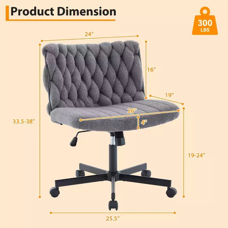 Desk Chair, Criss Cross Chair with Rocking Function & Adjustable Height, Comfy Swivel Armless Chair, 300lbs Capacity Cross Legged Rolling Chair