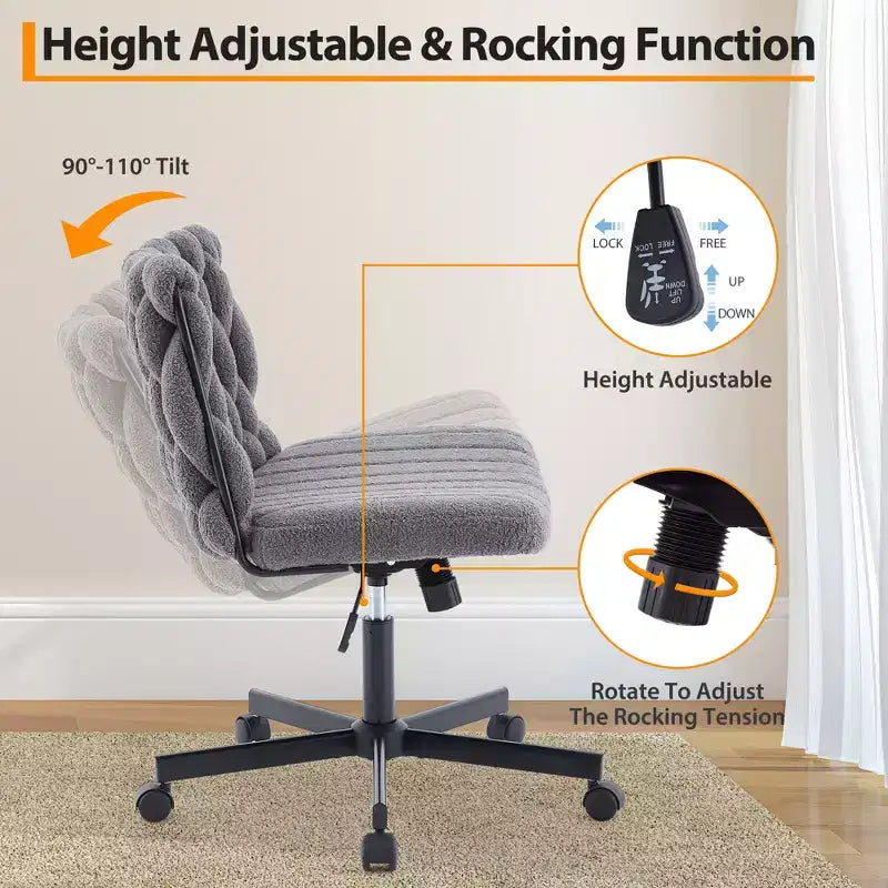 Desk Chair, Criss Cross Chair with Rocking Function & Adjustable Height, Comfy Swivel Armless Chair, 300lbs Capacity Cross Legged Rolling Chair