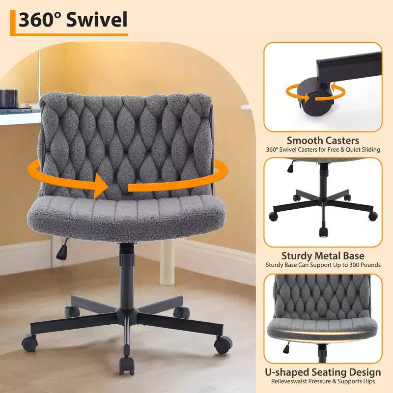 Desk Chair, Criss Cross Chair with Rocking Function & Adjustable Height, Comfy Swivel Armless Chair, 300lbs Capacity Cross Legged Rolling Chair