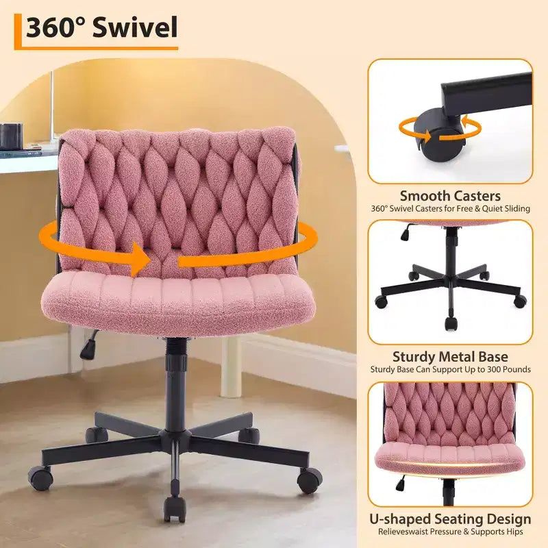 Desk Chair, Criss Cross Chair with Rocking Function & Adjustable Height, Comfy Swivel Armless Chair, 300lbs Capacity Cross Legged Rolling Chair