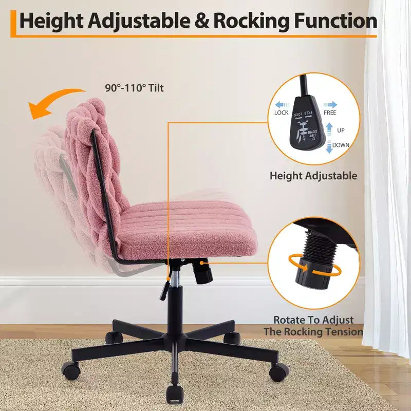 Desk Chair, Criss Cross Chair with Rocking Function & Adjustable Height, Comfy Swivel Armless Chair, 300lbs Capacity Cross Legged Rolling Chair