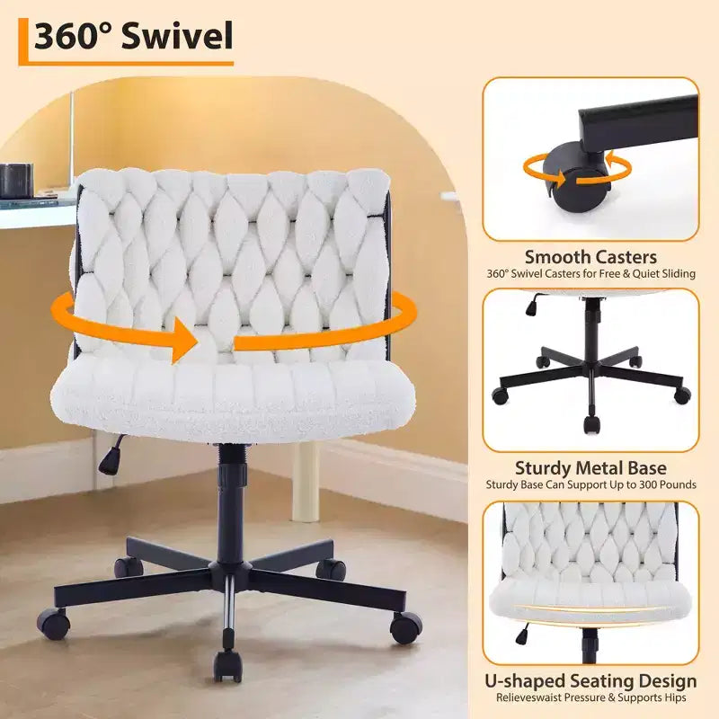 Desk Chair, Criss Cross Chair with Rocking Function & Adjustable Height, Comfy Swivel Armless Chair, 300lbs Capacity Cross Legged Rolling Chair