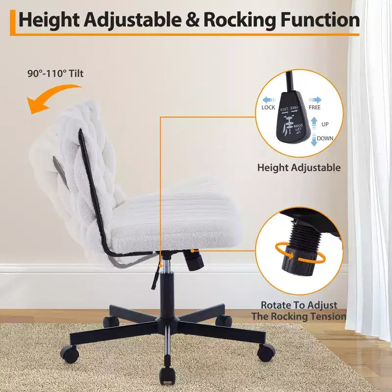 Desk Chair, Criss Cross Chair with Rocking Function & Adjustable Height, Comfy Swivel Armless Chair, 300lbs Capacity Cross Legged Rolling Chair