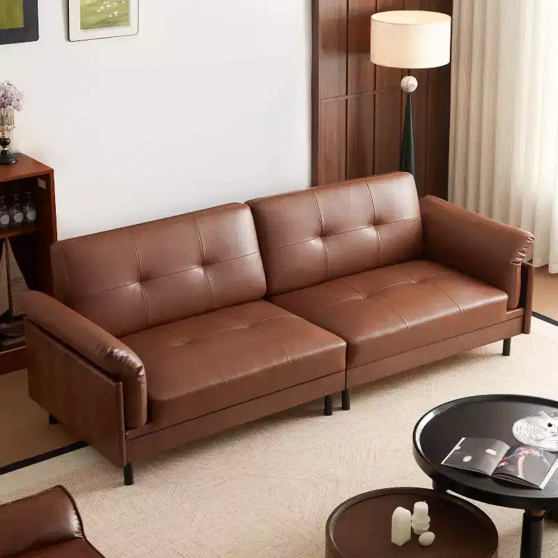 ATJafurn 90Inch Mid Century Modern Brown Leather Sofa, Vintage Luxury Leather Sectional Couch With Solid Wood Exterior And Hand-Tufted for Living Room