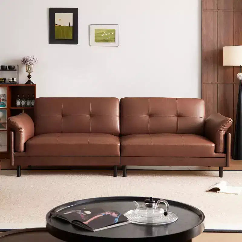 ATJafurn 90Inch Mid Century Modern Brown Leather Sofa, Vintage Luxury Leather Sectional Couch With Solid Wood Exterior And Hand-Tufted for Living Room