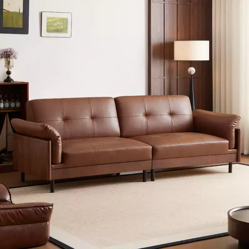 ATJafurn 90Inch Mid Century Modern Brown Leather Sofa, Vintage Luxury Leather Sectional Couch With Solid Wood Exterior And Hand-Tufted for Living Room