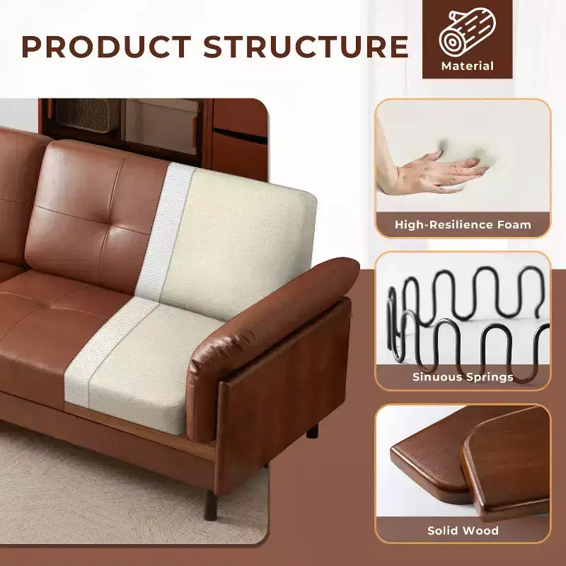 ATJafurn 90Inch Mid Century Modern Brown Leather Sofa, Vintage Luxury Leather Sectional Couch With Solid Wood Exterior And Hand-Tufted for Living Room