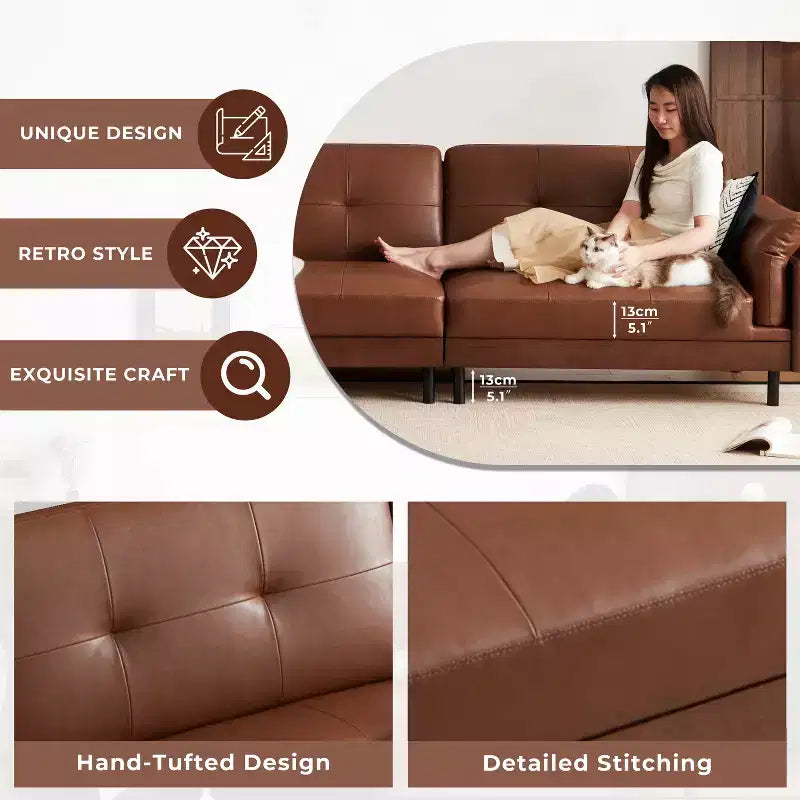 ATJafurn 90Inch Mid Century Modern Brown Leather Sofa, Vintage Luxury Leather Sectional Couch With Solid Wood Exterior And Hand-Tufted for Living Room