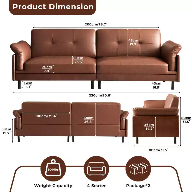 ATJafurn 90Inch Mid Century Modern Brown Leather Sofa, Vintage Luxury Leather Sectional Couch With Solid Wood Exterior And Hand-Tufted for Living Room