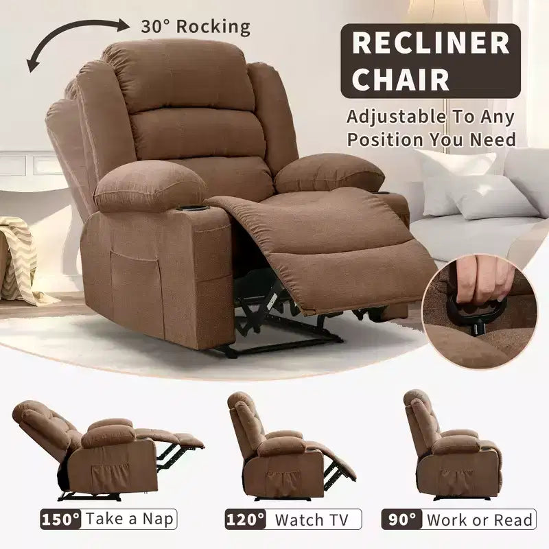 Oversized Rocker Recliner Chair,Modern Manual Oversized Recliner Chairs w/Armrest, Backrest, 2 Cup Holders, Side Pocket,Lazy Chair for Living Room