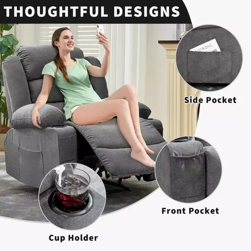Oversized Rocker Recliner Chair,Modern Manual Oversized Recliner Chairs w/Armrest, Backrest, 2 Cup Holders, Side Pocket,Lazy Chair for Living Room