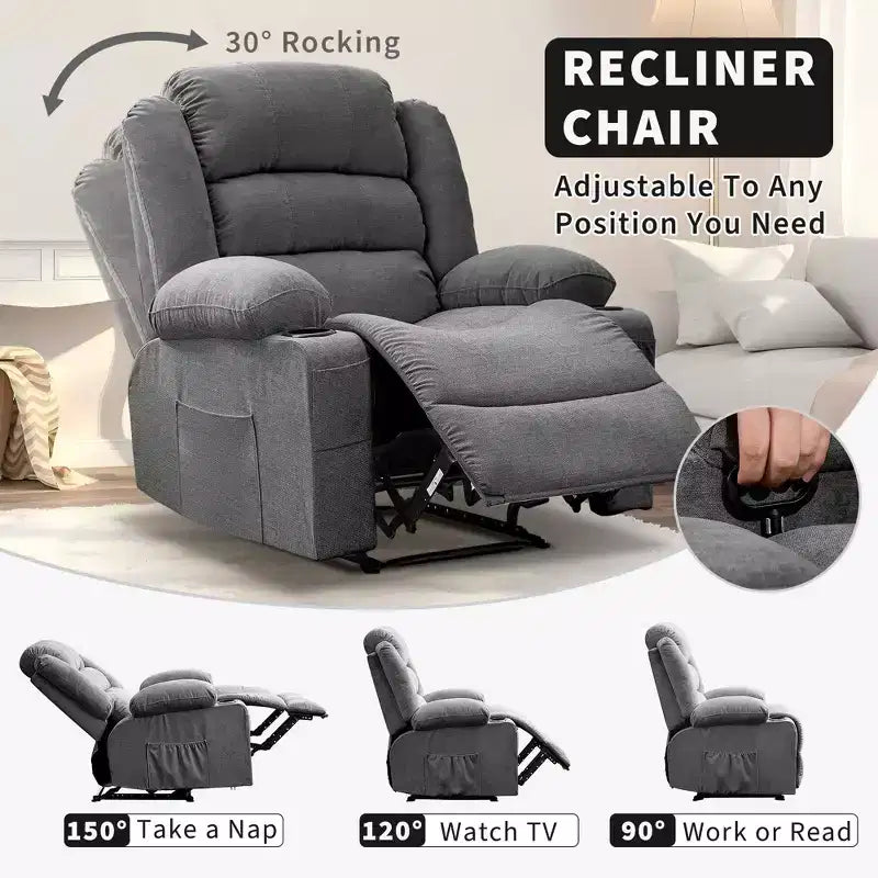 Oversized Rocker Recliner Chair,Modern Manual Oversized Recliner Chairs w/Armrest, Backrest, 2 Cup Holders, Side Pocket,Lazy Chair for Living Room