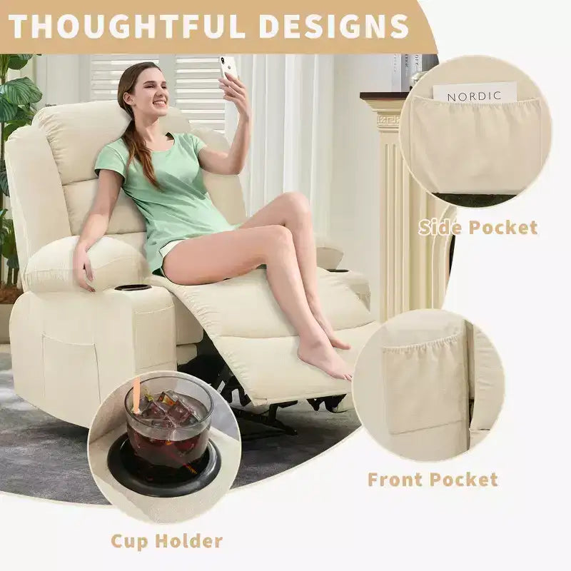 Oversized Rocker Recliner Chair,Modern Manual Oversized Recliner Chairs w/Armrest, Backrest, 2 Cup Holders, Side Pocket,Lazy Chair for Living Room