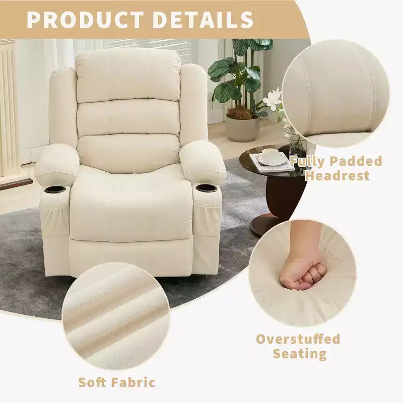 Oversized Rocker Recliner Chair,Modern Manual Oversized Recliner Chairs w/Armrest, Backrest, 2 Cup Holders, Side Pocket,Lazy Chair for Living Room