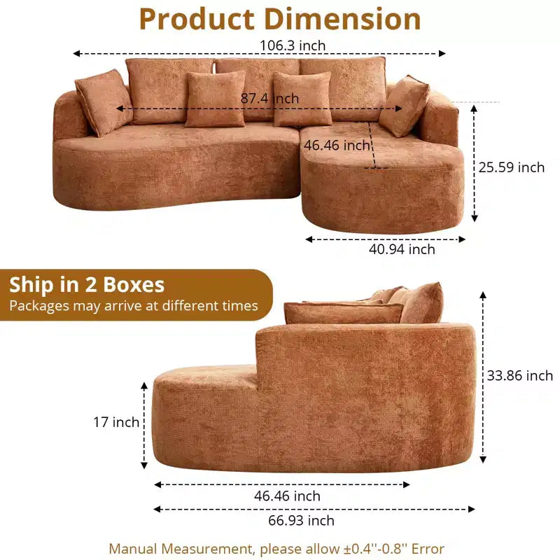 GustoWave 106 Modern Curved Sectional Cloud Sofa with Chaise Lounge, Modular Chenille Fabric Sleeper Couch, No Assembly Required