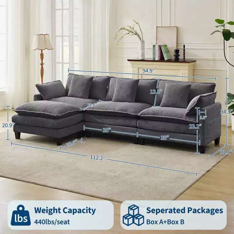 GustoWave 146 Fabric U-Shape 4 Seater Modular Sectional Couch, Oversized Cloud Sectional Sofa with Ottoman & Throw Pillows, Deep Seat