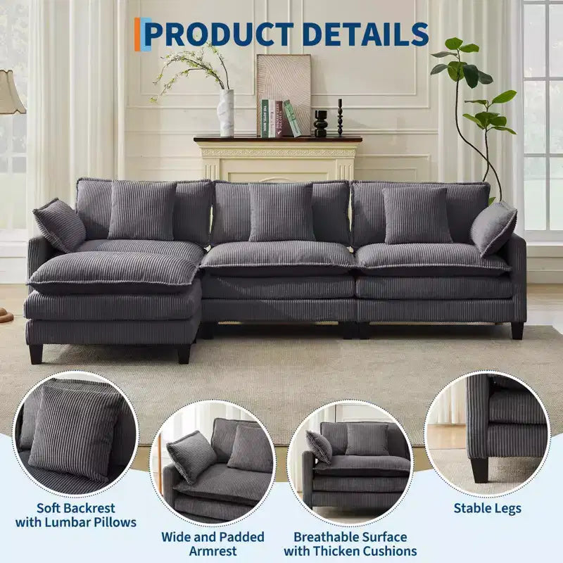 GustoWave 146 Fabric U-Shape 4 Seater Modular Sectional Couch, Oversized Cloud Sectional Sofa with Ottoman & Throw Pillows, Deep Seat