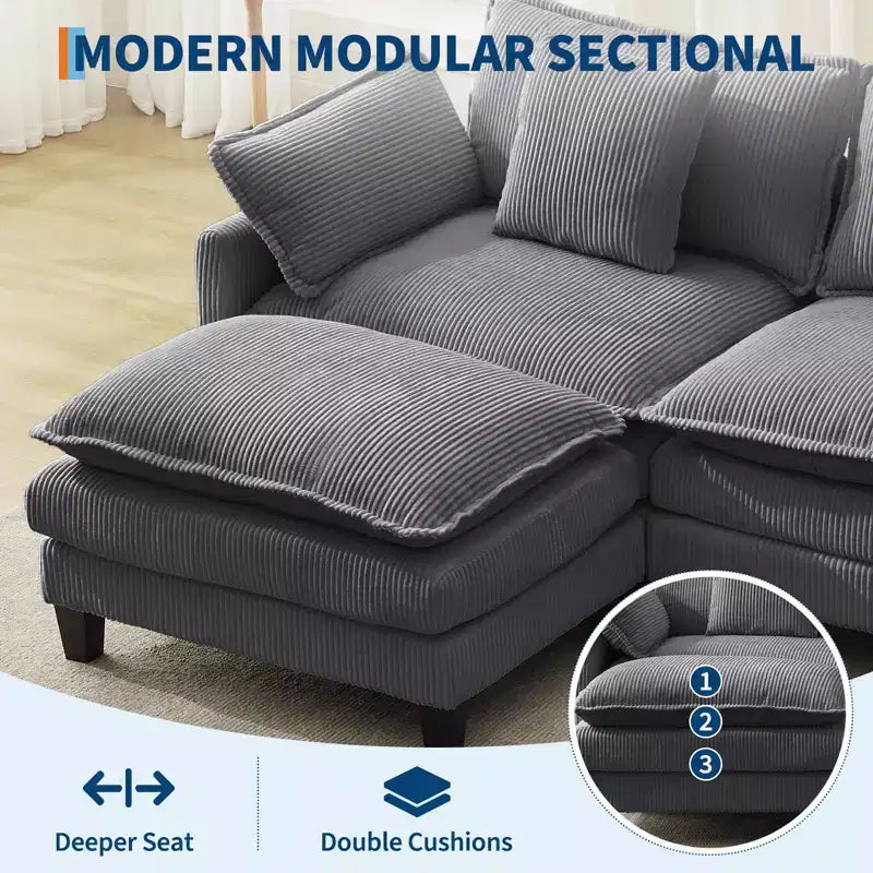 GustoWave 146 Fabric U-Shape 4 Seater Modular Sectional Couch, Oversized Cloud Sectional Sofa with Ottoman & Throw Pillows, Deep Seat
