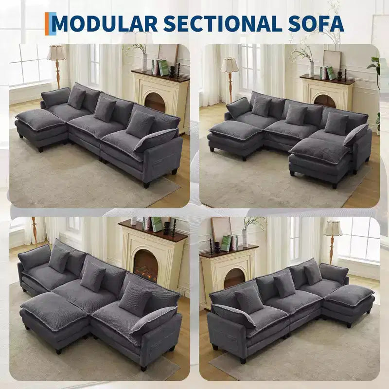 GustoWave 146 Fabric U-Shape 4 Seater Modular Sectional Couch, Oversized Cloud Sectional Sofa with Ottoman & Throw Pillows, Deep Seat