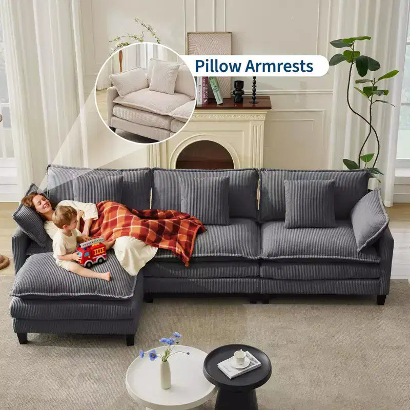 GustoWave 146 Fabric U-Shape 4 Seater Modular Sectional Couch, Oversized Cloud Sectional Sofa with Ottoman & Throw Pillows, Deep Seat