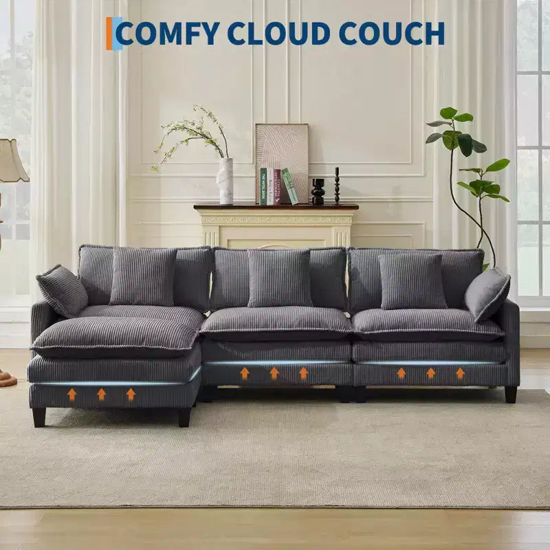 GustoWave 146 Fabric U-Shape 4 Seater Modular Sectional Couch, Oversized Cloud Sectional Sofa with Ottoman & Throw Pillows, Deep Seat
