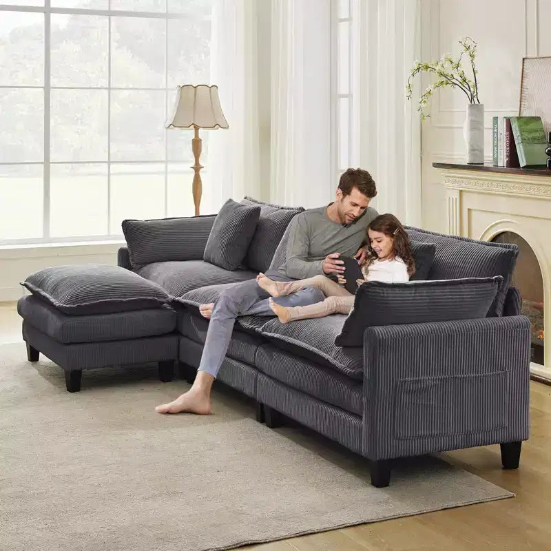 GustoWave 146 Fabric U-Shape 4 Seater Modular Sectional Couch, Oversized Cloud Sectional Sofa with Ottoman & Throw Pillows, Deep Seat
