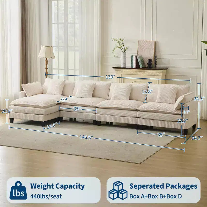 GustoWave 146 Fabric U-Shape 4 Seater Modular Sectional Couch, Oversized Cloud Sectional Sofa with Ottoman & Throw Pillows, Deep Seat