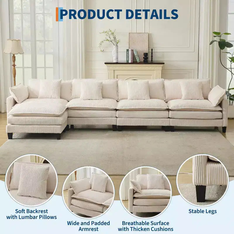GustoWave 146 Fabric U-Shape 4 Seater Modular Sectional Couch, Oversized Cloud Sectional Sofa with Ottoman & Throw Pillows, Deep Seat