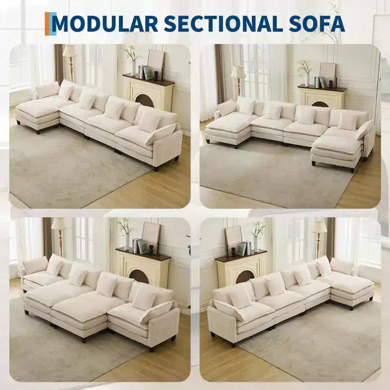 GustoWave 146 Fabric U-Shape 4 Seater Modular Sectional Couch, Oversized Cloud Sectional Sofa with Ottoman & Throw Pillows, Deep Seat