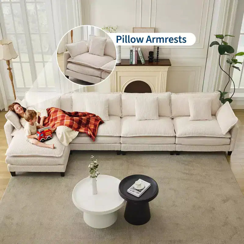 GustoWave 146 Fabric U-Shape 4 Seater Modular Sectional Couch, Oversized Cloud Sectional Sofa with Ottoman & Throw Pillows, Deep Seat