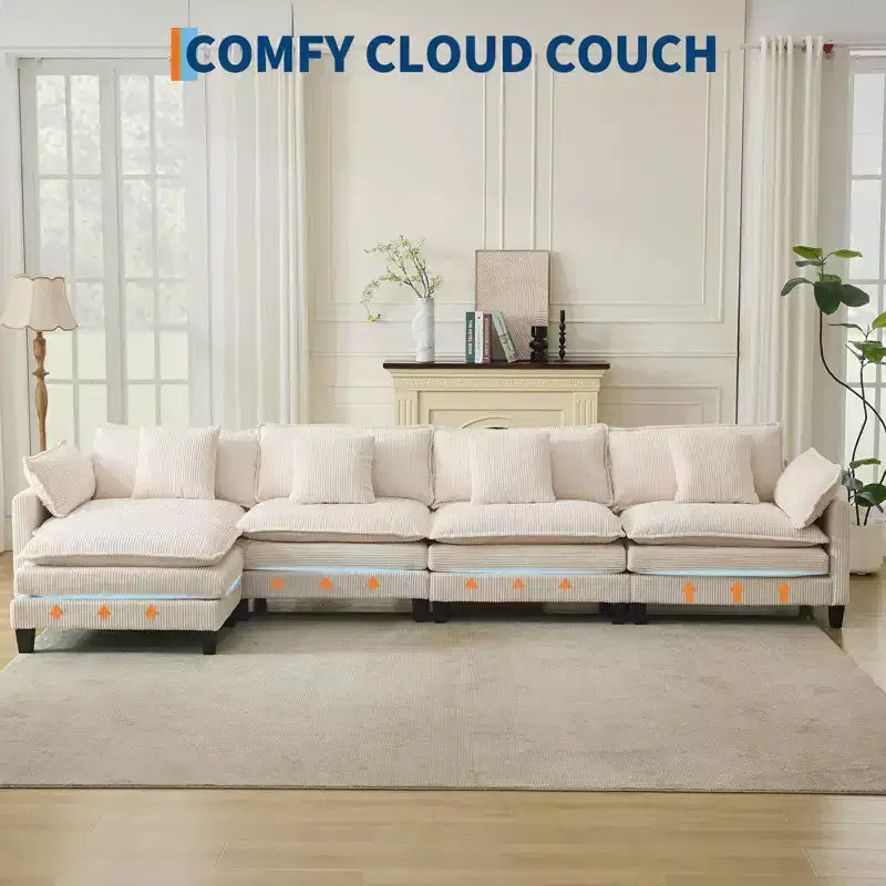 GustoWave 146 Fabric U-Shape 4 Seater Modular Sectional Couch, Oversized Cloud Sectional Sofa with Ottoman & Throw Pillows, Deep Seat