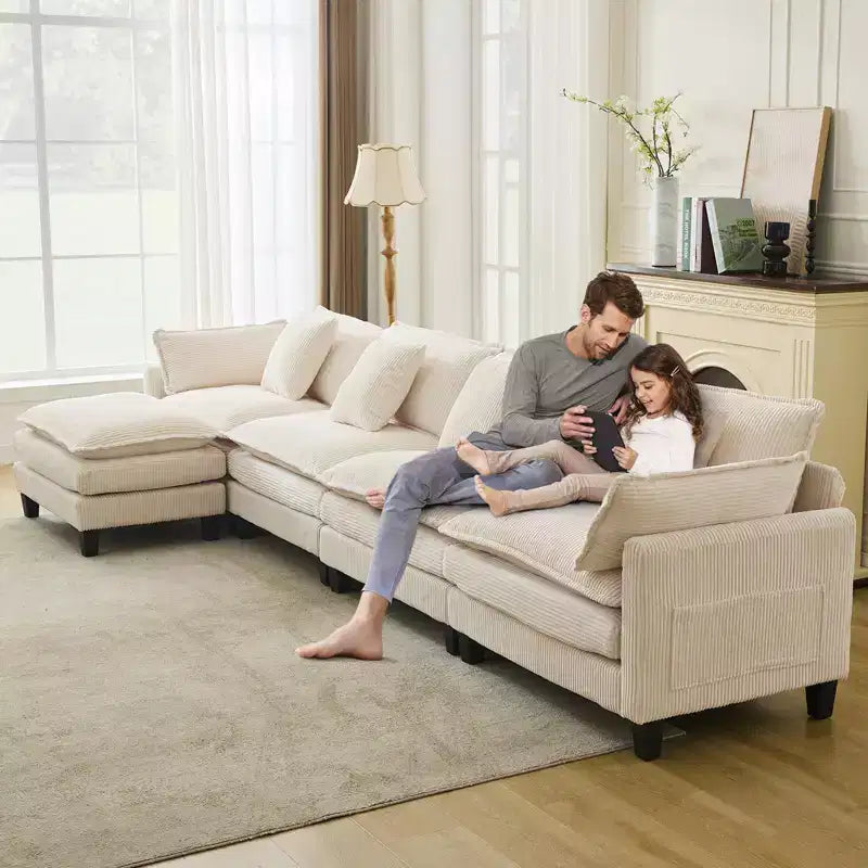 GustoWave 146 Fabric U-Shape 4 Seater Modular Sectional Couch, Oversized Cloud Sectional Sofa with Ottoman & Throw Pillows, Deep Seat