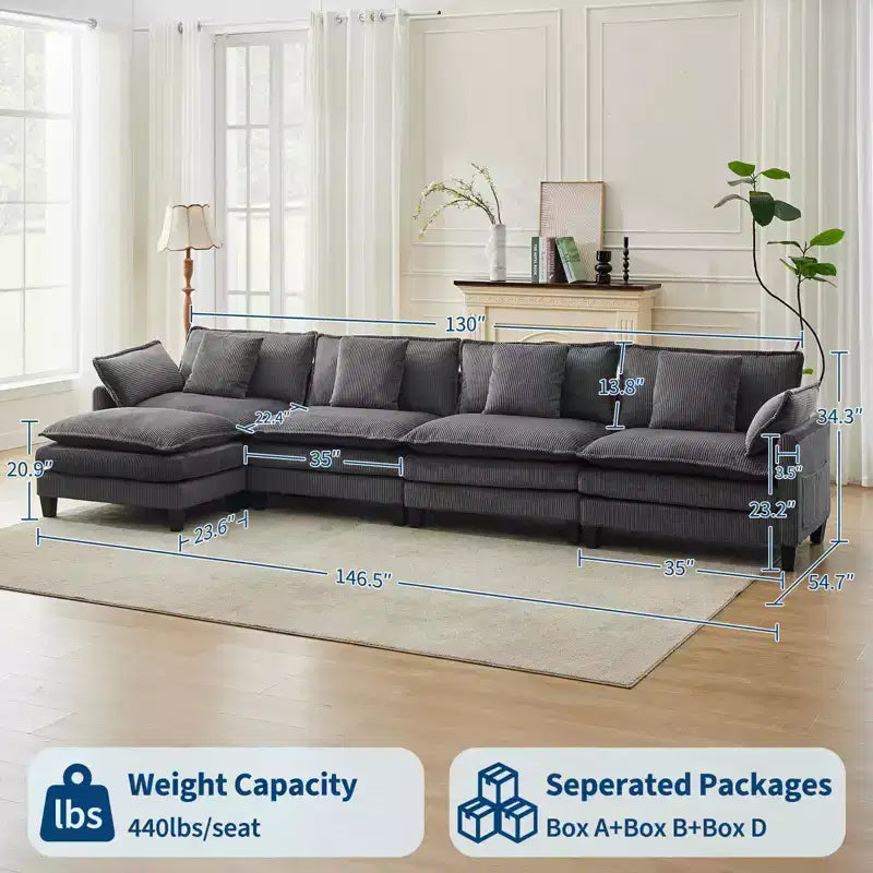GustoWave 146 Fabric U-Shape 4 Seater Modular Sectional Couch, Oversized Cloud Sectional Sofa with Ottoman & Throw Pillows, Deep Seat