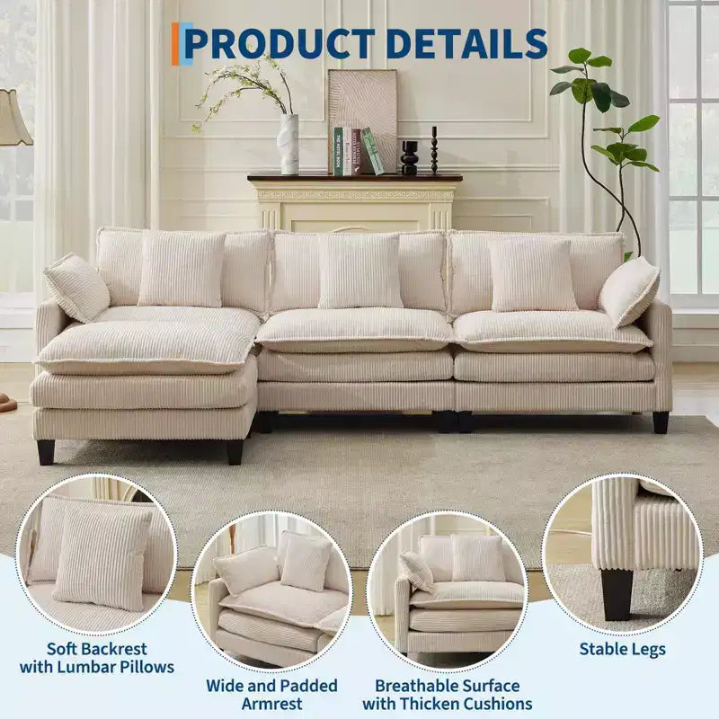 GustoWave 146 Fabric U-Shape 4 Seater Modular Sectional Couch, Oversized Cloud Sectional Sofa with Ottoman & Throw Pillows, Deep Seat