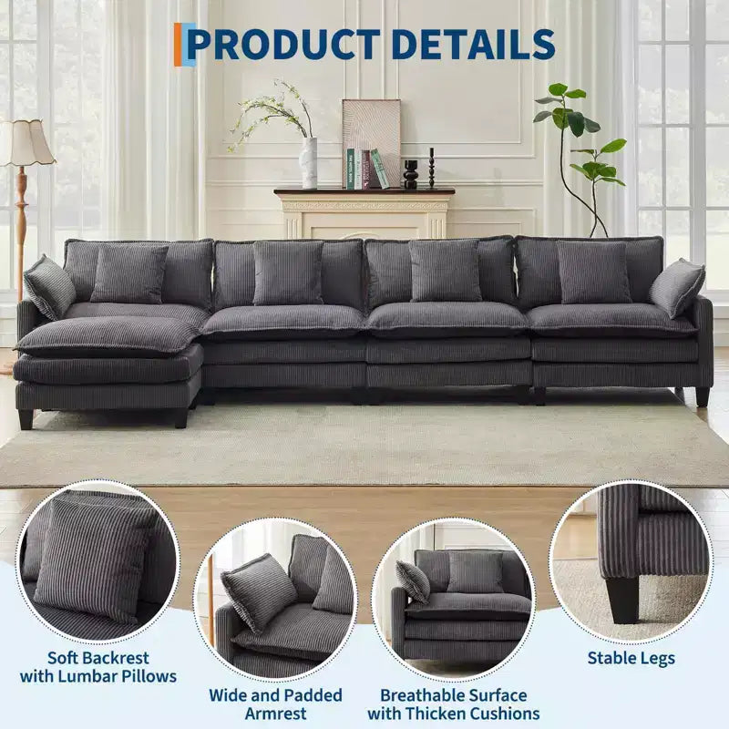 GustoWave 146 Fabric U-Shape 4 Seater Modular Sectional Couch, Oversized Cloud Sectional Sofa with Ottoman & Throw Pillows, Deep Seat