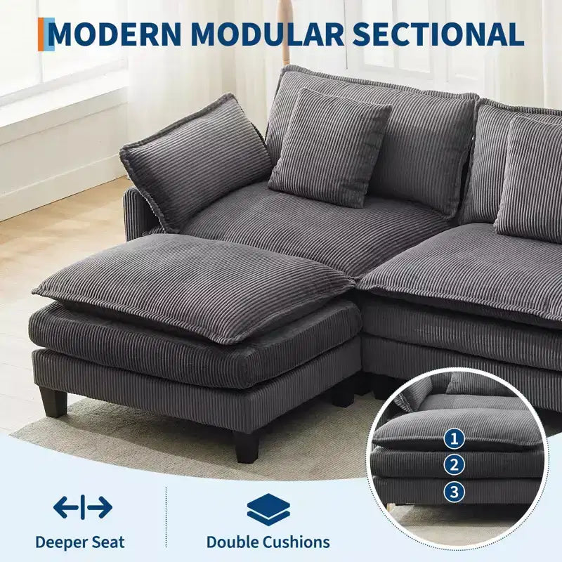 GustoWave 146 Fabric U-Shape 4 Seater Modular Sectional Couch, Oversized Cloud Sectional Sofa with Ottoman & Throw Pillows, Deep Seat